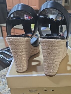 Michael Kors Black Leather Wedge Sandals with Natural Rope Heel